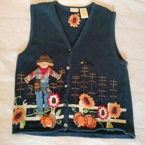 Bobbie Brooks Fall Cardigan Sweater Vest Womens L Scarecrow Sunflowers Pumpkins